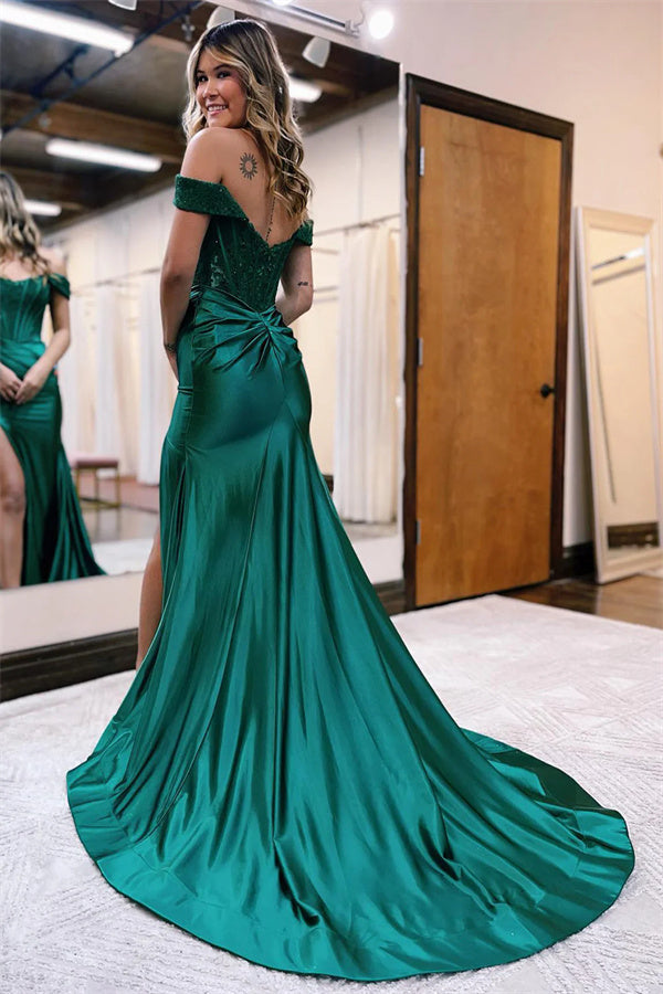 Green Satin Lace Mermaid Off Shoulder Prom Dresses MP779 | Musebridals Green Satin Lace Mermaid Off Shoulder Prom Dresses MP779 | Musebridals