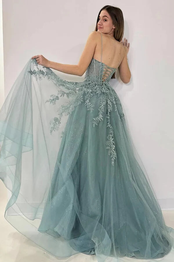 Grey Lace Appliques Long Prom Dresses, Tulle Prom Dresses, Popular Prom Dresses Grey Lace Appliques Long Prom Dresses, Tulle Prom Dresses, Popular Prom Dresses