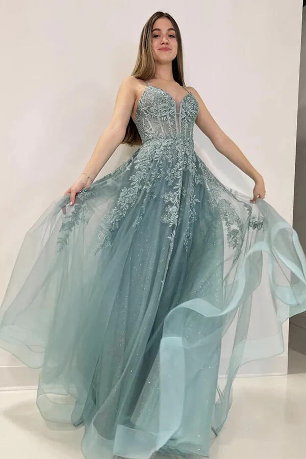 open lace back dress Grey Green Tulle A-line Lace Appliques Prom Dress, MP947