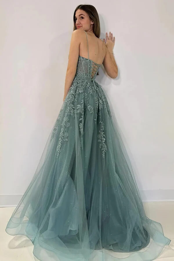 Grey Green Tulle A-line Lace Appliques Spaghetti Straps Prom Dresses, MP947 | long formal dress | green prom dress | evening gown | musebridals.com
