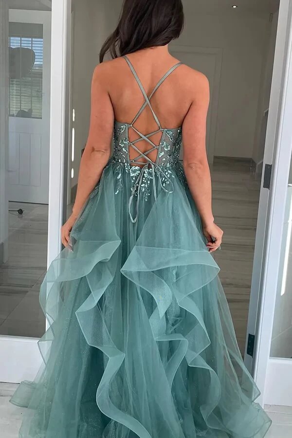 Grey Green Tulle Spaghetti Straps Lace Prom Dress, MP996 | Musebridals Grey Green Tulle Spaghetti Straps Lace Prom Dress, MP996 | Musebridals