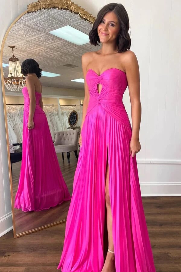 Hot Pink Chiffon A line Strapless Keyhole Pleated Prom Dresses With Slit MP929