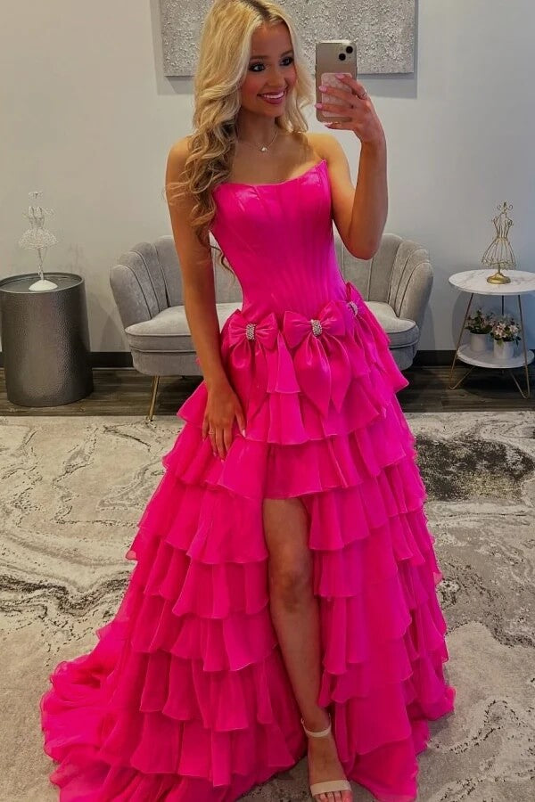 Hot Pink Chiffon Tiered A Line Strapless Long Prom Dresses With Bowknot, MP1137