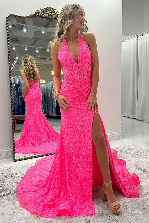 Hot Pink Mermaid Halter Slit Long Prom Dresses With Lace Appliques, MP1115