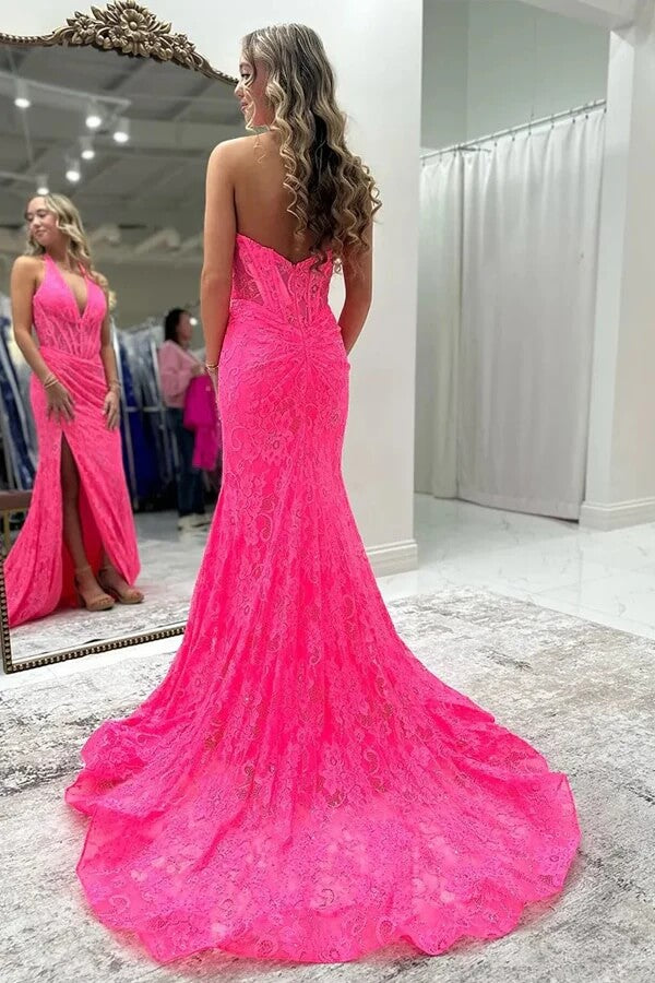 hot pink halter prom dress Mermaid Slit Long Dresses With Lace Appliques, MP1115 length:32 with its dramatic thigh Boho 72 Boutique swatches-clemence-mini-dress