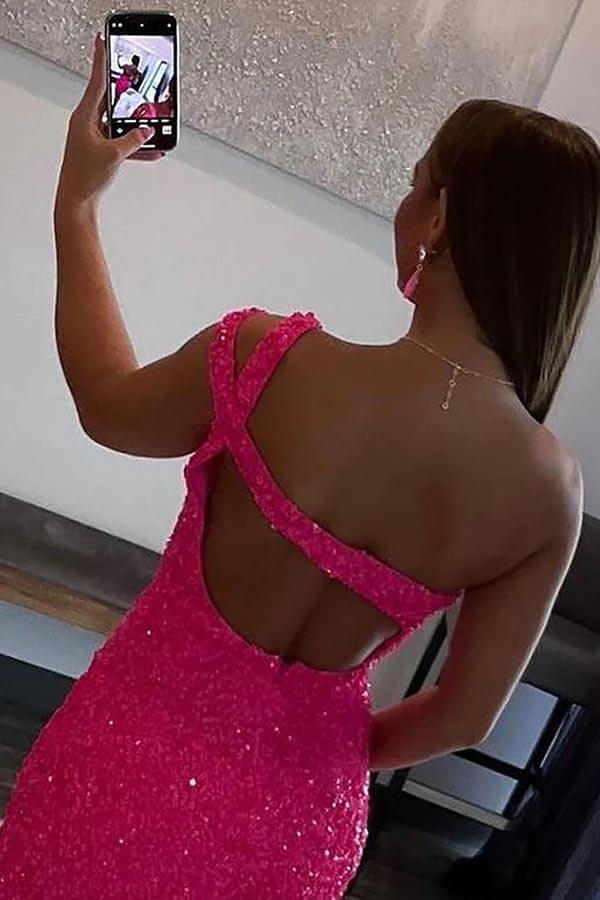Hot Pink One Shoulder Sequins Homecoming Dress MH597 | Musebridals Hot Pink One Shoulder Sequins Homecoming Dress MH597 | Musebridals