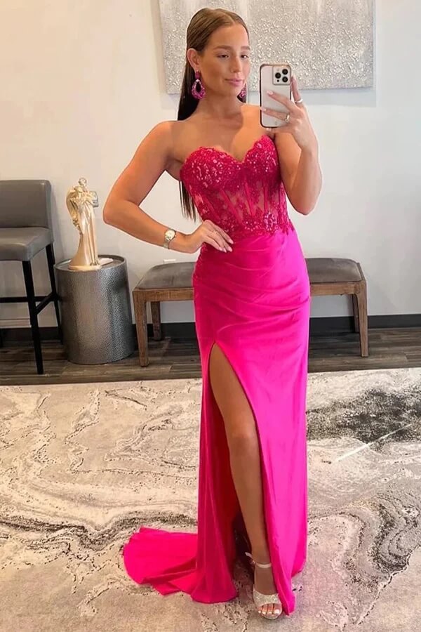 Hot Pink Satin Mermaid Strapless Lace Appliques Prom Dresses With Slit, MP899 Hot Pink Satin Mermaid Strapless Lace Appliques Prom Dresses With Slit, MP899