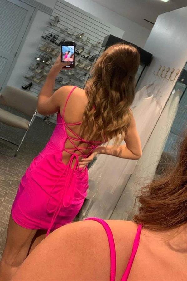 Hot Pink Sheath Jersey V-neck Homecoming Dresses, MH591 | Musebridals
