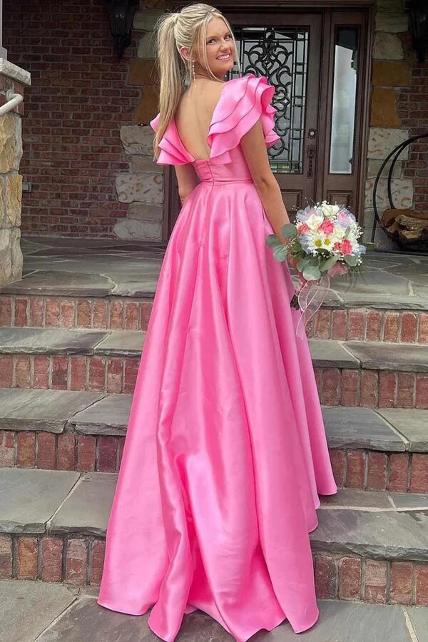Hot Pink Silky Satin A-line V-neck Long Prom Dresses With Ruffles, MP942