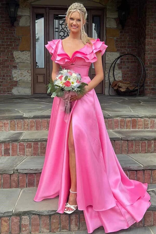 Hot Pink Silky Satin A-line V-neck Long Prom Dresses With Ruffles, MP942 Hot Pink Silky Satin A-line V-neck Long Prom Dresses With Ruffles, MP942