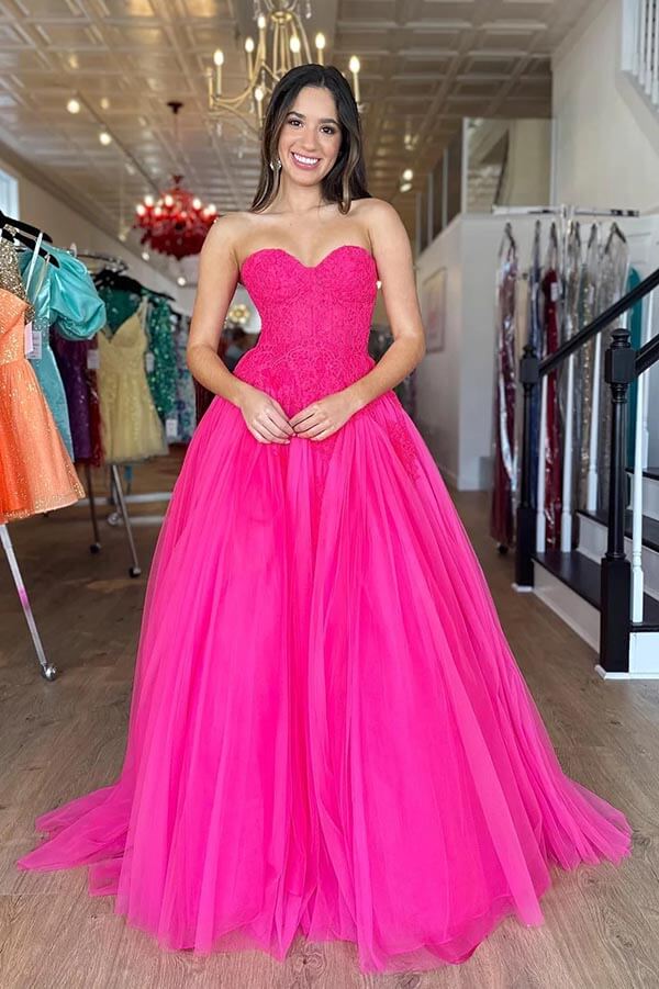 Hot Pink Tiered Tulle Strapless A line Lace Bodice Long Prom Dresses MP864