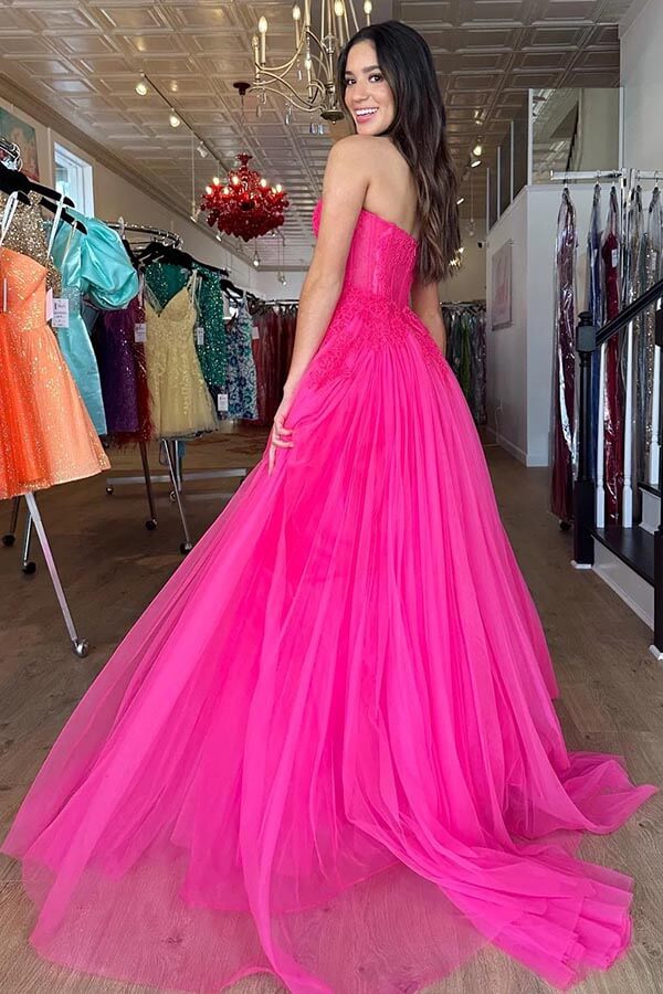 Hot Pink Tiered Tulle A-line Lace Prom Dresses, MP864 | Musebridals