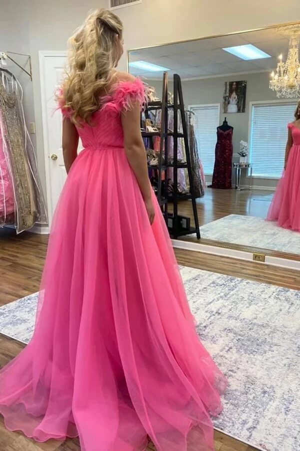 Hot Pink Tulle A-line Off Shoulder Prom Dresses, MP944 | Musebridals Hot Pink Tulle A-line Off Shoulder Prom Dresses, MP944 | Musebridals