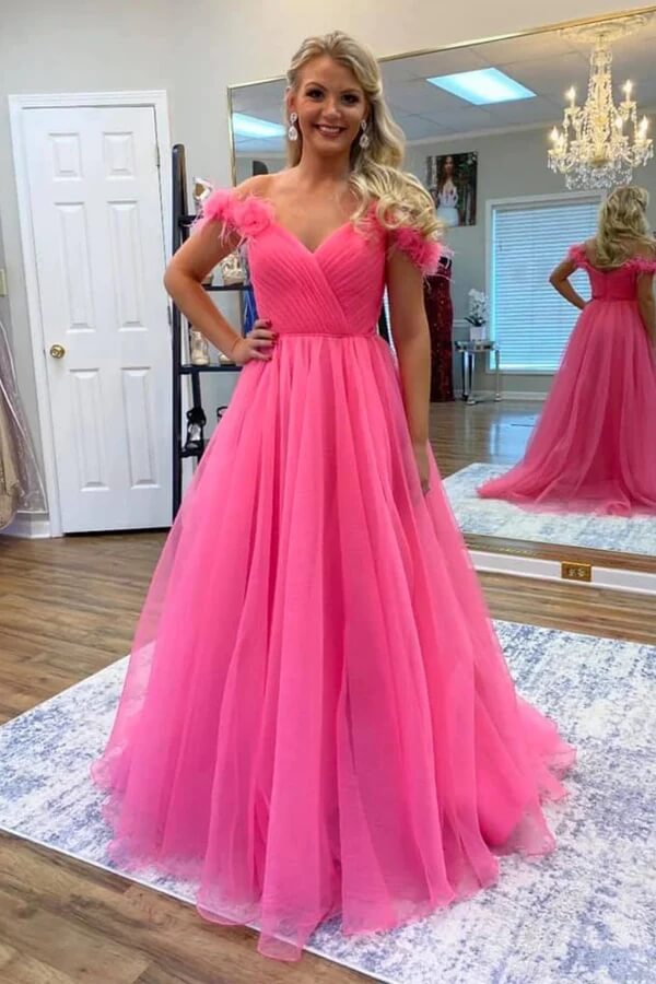 strapless open back dress Hot Pink Tulle A-line Off Shoulder Prom Dresses, MP944
