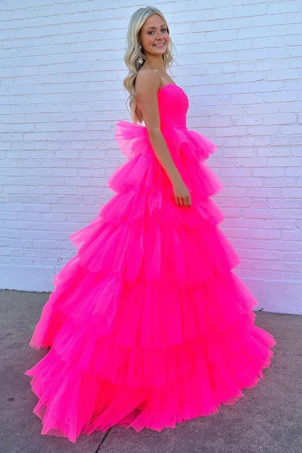 Hot Pink Tulle A-line Princess Strapless Tiered Long Prom Dresses, MP974 | tulle prom dress | simple prom dresses | prom dresses for teens | musebridals.com