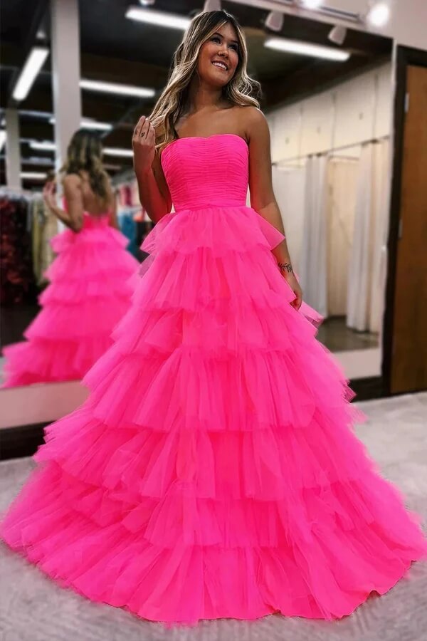 Hot Pink Tulle A-line Princess Strapless Tiered Long Prom Dresses, MP974 Hot Pink Tulle A-line Princess Strapless Tiered Long Prom Dresses, MP974