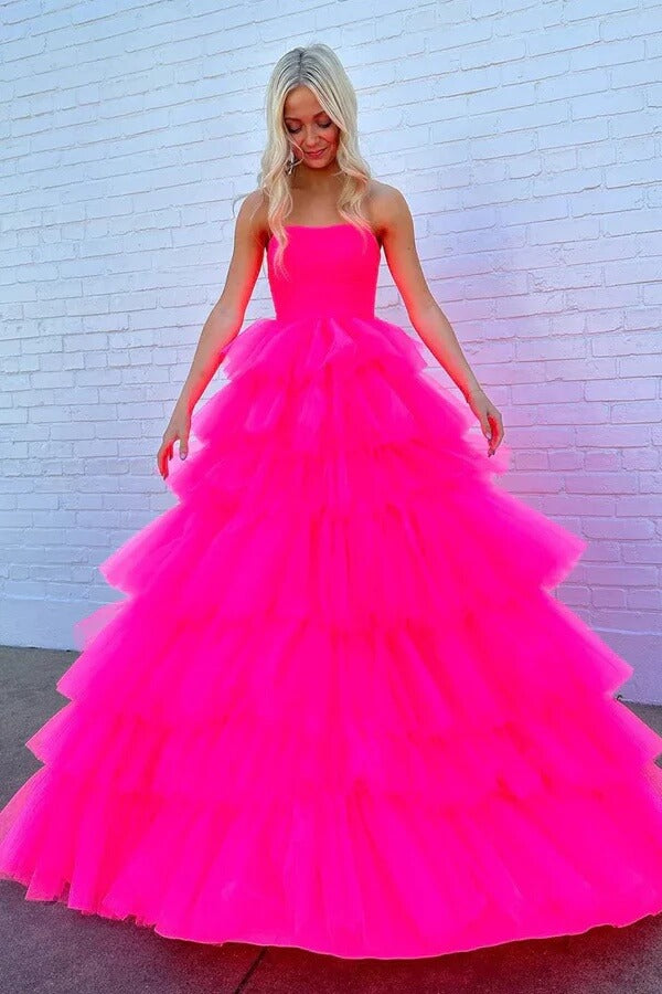 strapless open back dress Hot Pink Tulle A-line Strapless Tiered Prom Dress, MP974