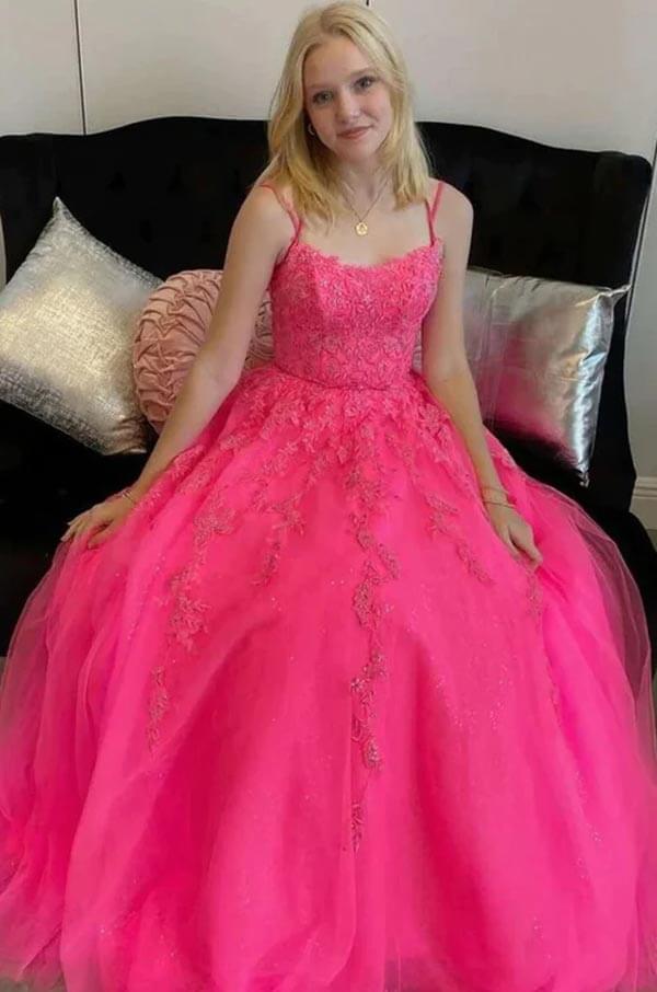 Hot Pink Tulle A-line Scoop Spaghetti Straps Prom Dresses With Appliques, MP850 | long prom dresses online | party dresses | long formal dress | musebridals.com