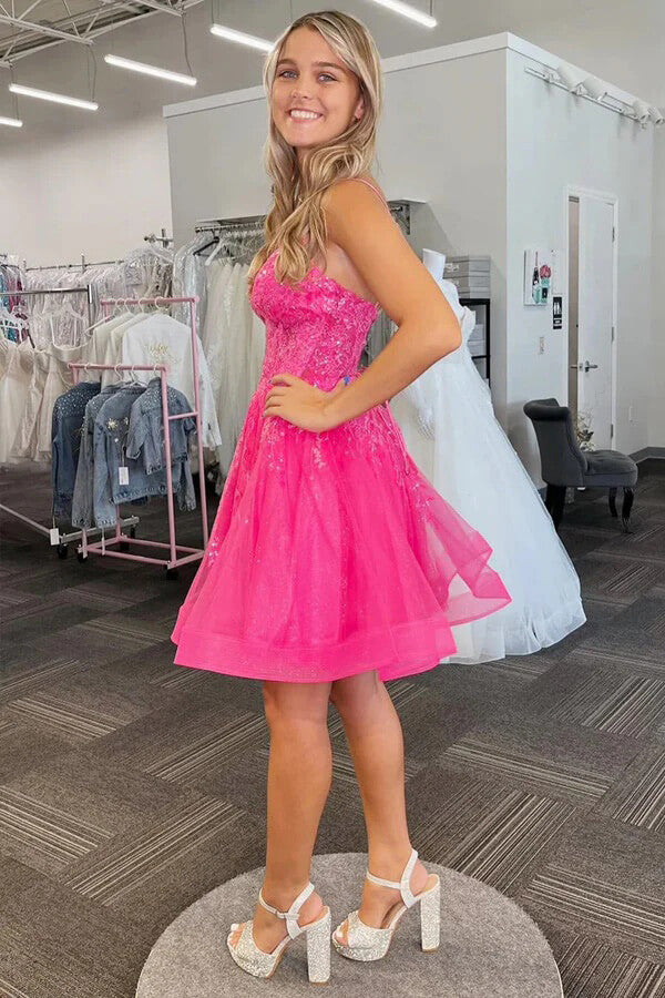 Hot Pink Tulle A-line Sequin Homecoming Dress, MH626