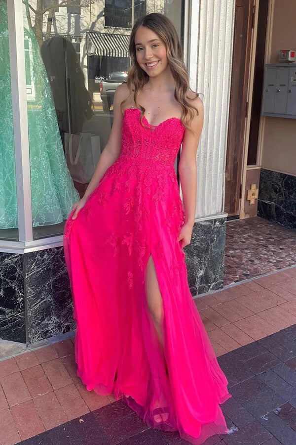 Hot Pink Tulle A-line Strapless Lace Prom Dress, MP887 | Musebridals Hot Pink Tulle A-line Strapless Lace Prom Dress, MP887 | Musebridals