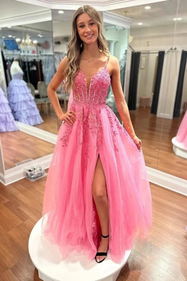 Hot Pink Tulle A Line Lace Appliques Floor Length Prom Dresses With Slit, MP948 Hot Pink Tulle A Line Lace Appliques Floor Length Prom Dresses With Slit, MP948