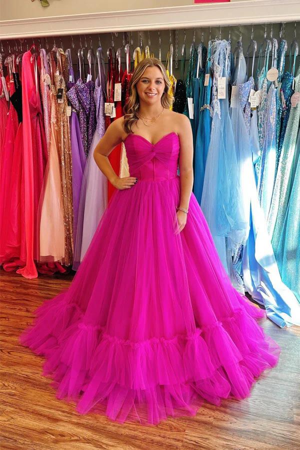 Hot Pink Tulle A Line Strapless Sweetheart Ruffled Long Prom Dresses, MP1032 Hot Pink Tulle A Line Strapless Sweetheart Ruffled Long Prom Dresses, MP1032
