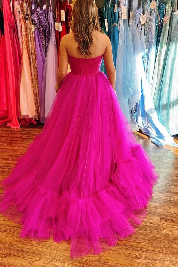 Hot Pink Tulle A Line Strapless Sweetheart Ruffled Long Prom Dresses, MP1032 Hot Pink Tulle A Line Strapless Sweetheart Ruffled Long Prom Dresses, MP1032