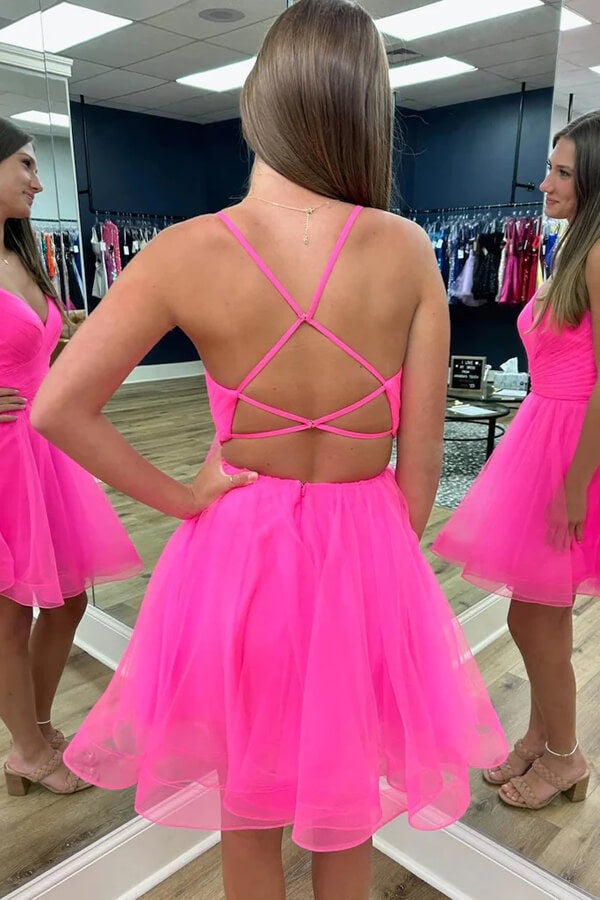 Hot Pink Tulle Criss Cross Back Homecoming Dress, MH602 | Musebridals Hot Pink Tulle Criss Cross Back Homecoming Dress, MH602 | Musebridals