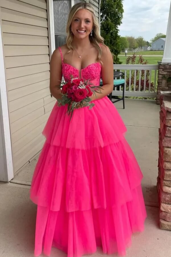 Hot Pink Tulle Spaghetti Straps Prom Dresses, MP982 | Musebridals Hot Pink Tulle Spaghetti Straps Prom Dresses, MP982 | Musebridals
