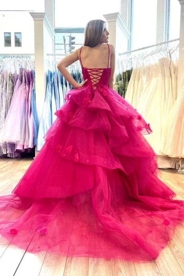 Hot Pink Tulle Sweetheart Prom Dresses With Lace, MP1004