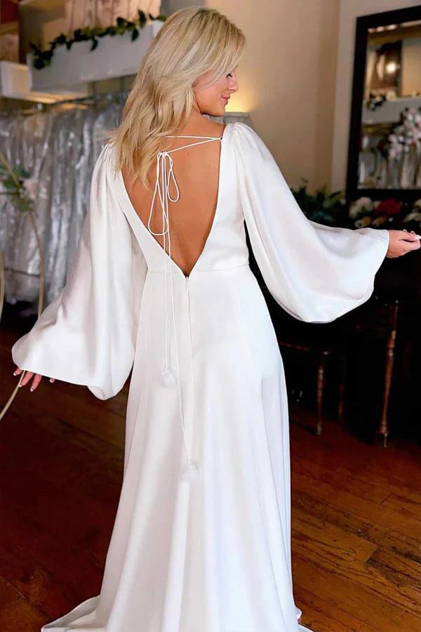 chinese dress ladies V-neck Long Sleeves Wedding Dresses With Slit, MW1019