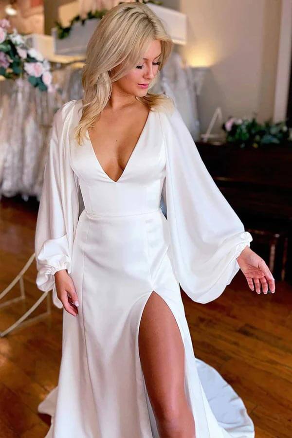 V-neck Long Sleeves Wedding Dresses With Slit, MW1019 V-neck Long Sleeves Wedding Dresses With Slit, MW1019
