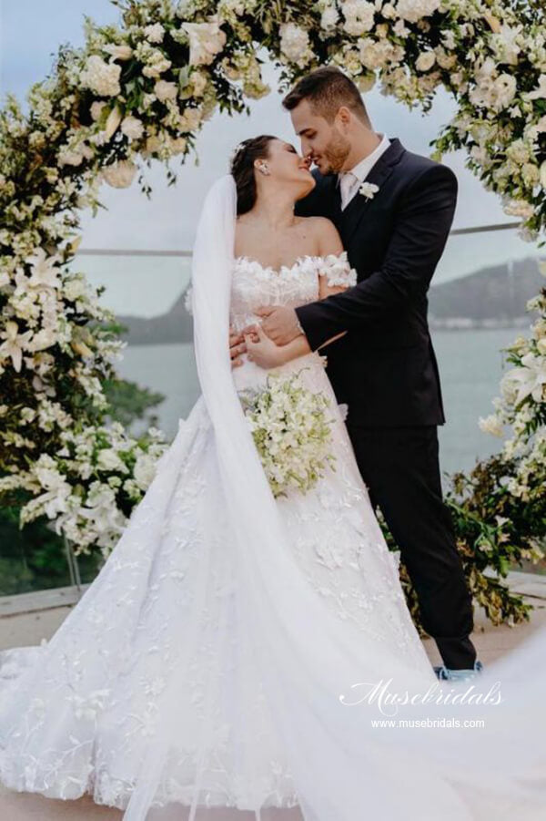 Ivory A Line Floral Lace Boho Wedding Dresses, MW1092
