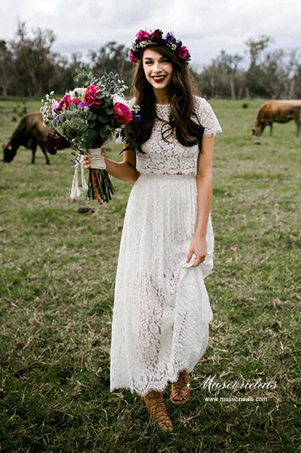 Ivory Lace A-line Two Pieces Short Sleeves Beach Wedding Dresses, MW932 Ivory Lace A-line Two Pieces Short Sleeves Beach Wedding Dresses, MW932
