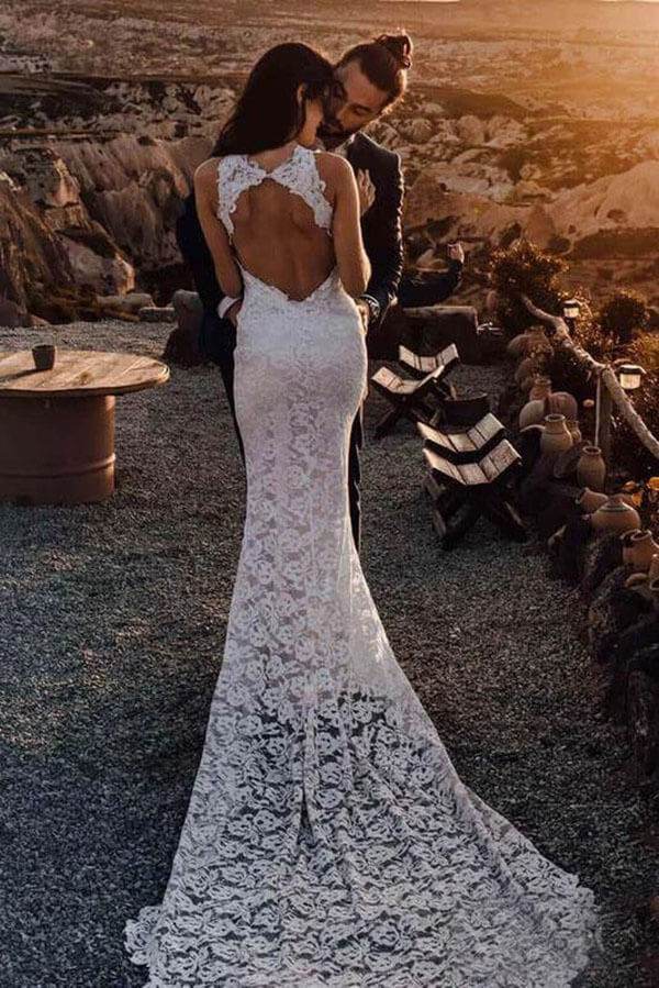 Ivory Mermaid Backless Lace Wedding Dresses With Slit, Bridal Gown, MW999 Ivory Mermaid Backless Lace Wedding Dresses With Slit, Bridal Gown, MW999