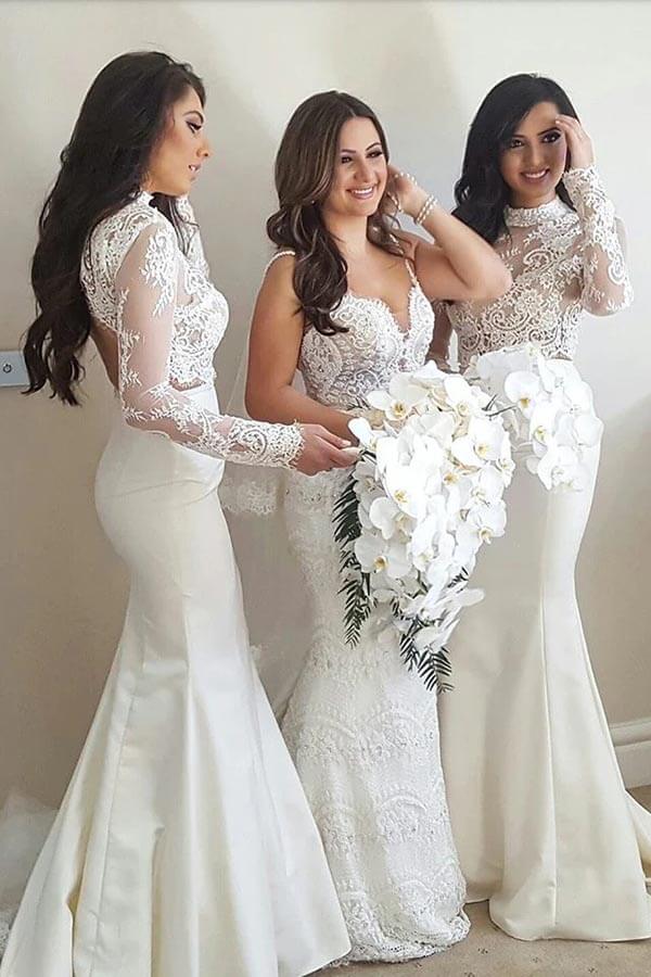 Ivory Mermaid Satin High Neck Long Sleeves Bridesmaid Dress With Lace, MBD226 Ivory Mermaid Satin High Neck Long Sleeves Bridesmaid Dress With Lace, MBD226