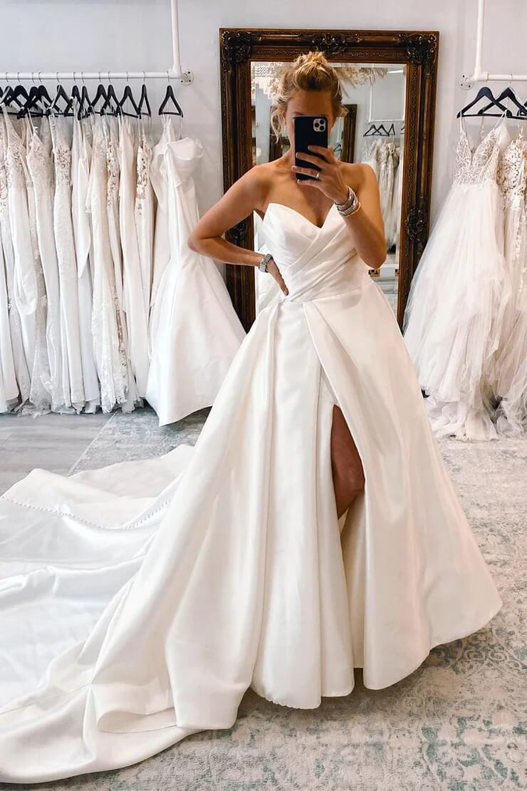 Satin Pleated Beaded Wedding Dress Court Lace up Side Slit Wedding Gown main image 1