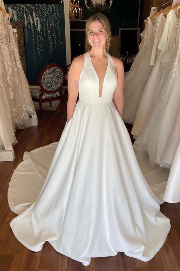 Ivory Satin Deep V-neck Wedding Dress With Pockets MW895