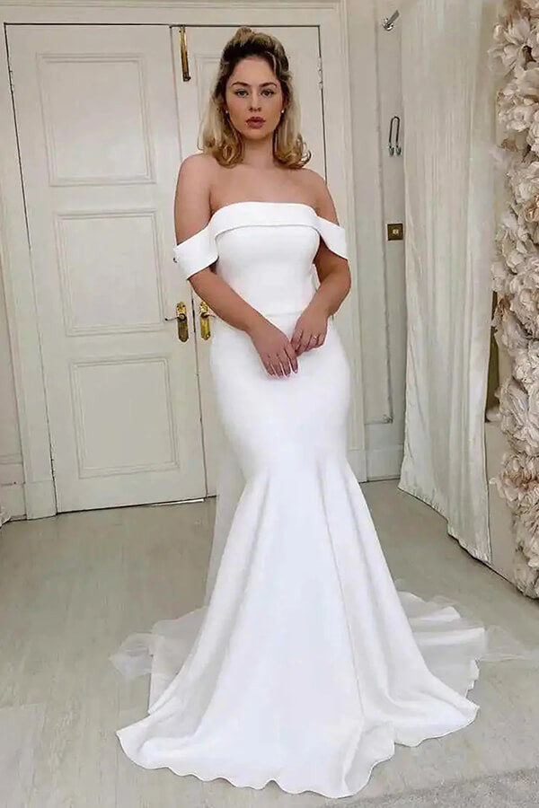 simple mermaid style wedding dress Ivory Satin Mermaid Off-the-Shoulder Simple Wedding Dress, Bridal Gown,  MW858