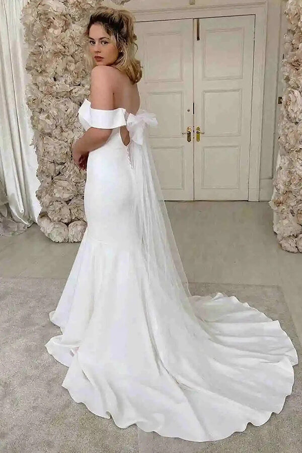 Ivory Satin Mermaid Off-the-Shoulder Wedding Dress MW858 | Musebridals Ivory Satin Mermaid Off-the-Shoulder Wedding Dress MW858 | Musebridals