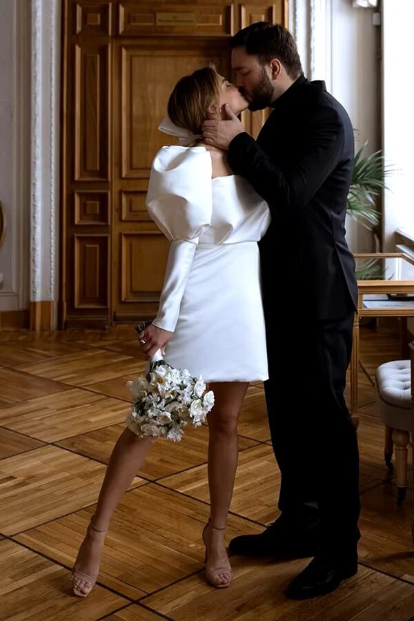Ivory Satin Puff Sleeves Short Wedding Dresses, MW1145