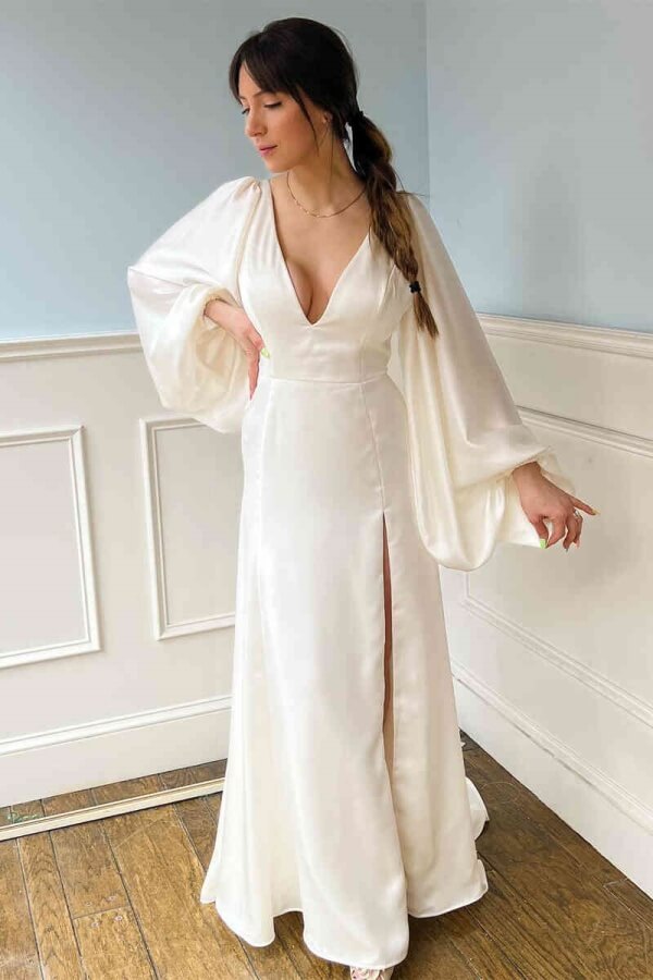 Ivory Soft Satin V-Neck Long Sleeve Wedding Dress,MW1149 | Musebridals Ivory Soft Satin V-Neck Long Sleeve Wedding Dress,MW1149 | Musebridals