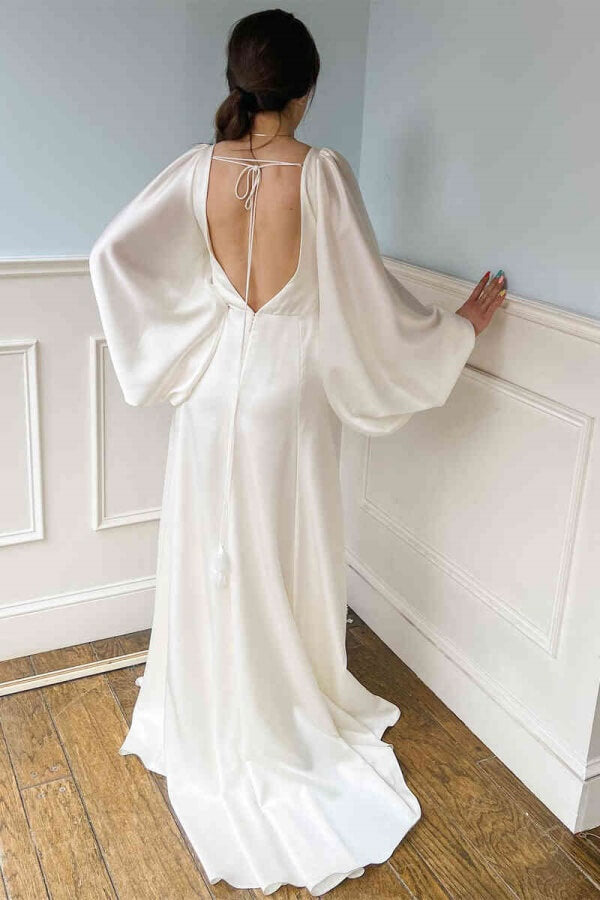 Ivory Soft Satin V-Neck Long Sleeve Wedding Dress,MW1149 | Musebridals Ivory Soft Satin V-Neck Long Sleeve Wedding Dress,MW1149 | Musebridals