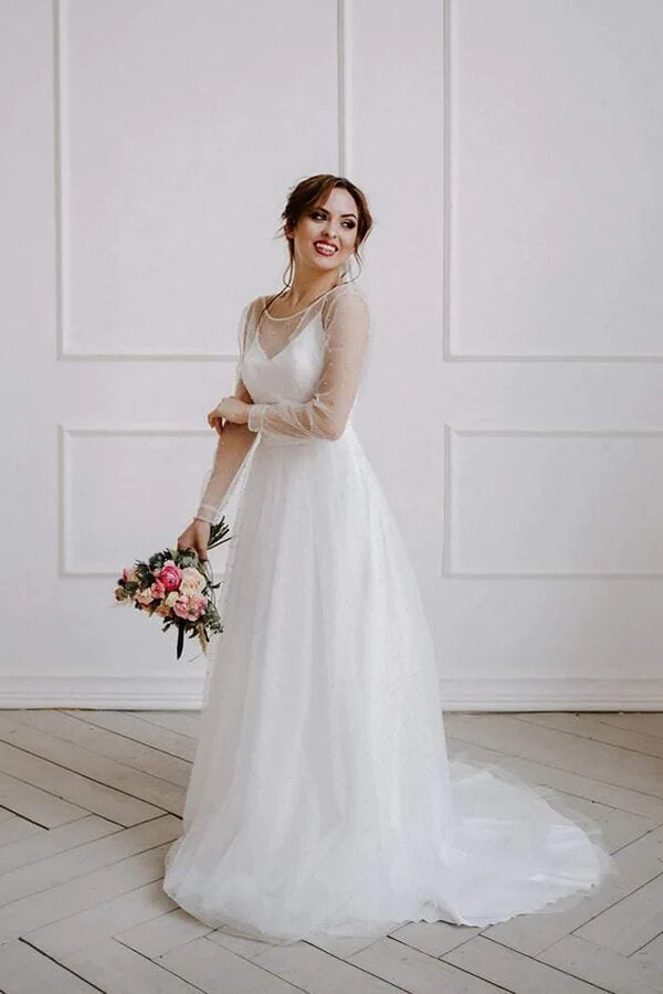 bohemian beaded wedding dress White Boho A-Line Lace Wedding Dress with Appliques, White / 12 main image 1