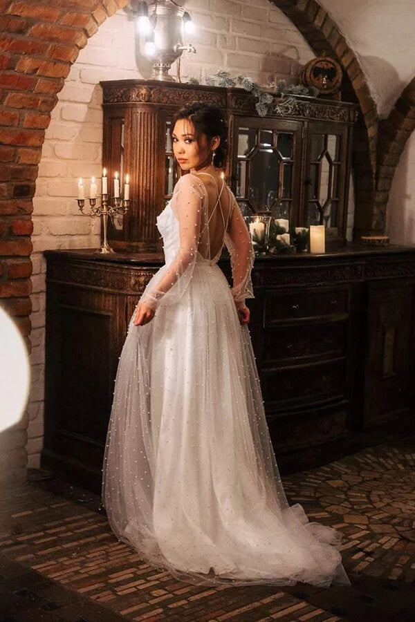 Ivory Tulle Long Sleeves Beaded Wedding Dresses, MW859 | Musebridals Ivory Tulle Long Sleeves Beaded Wedding Dresses, MW859 | Musebridals