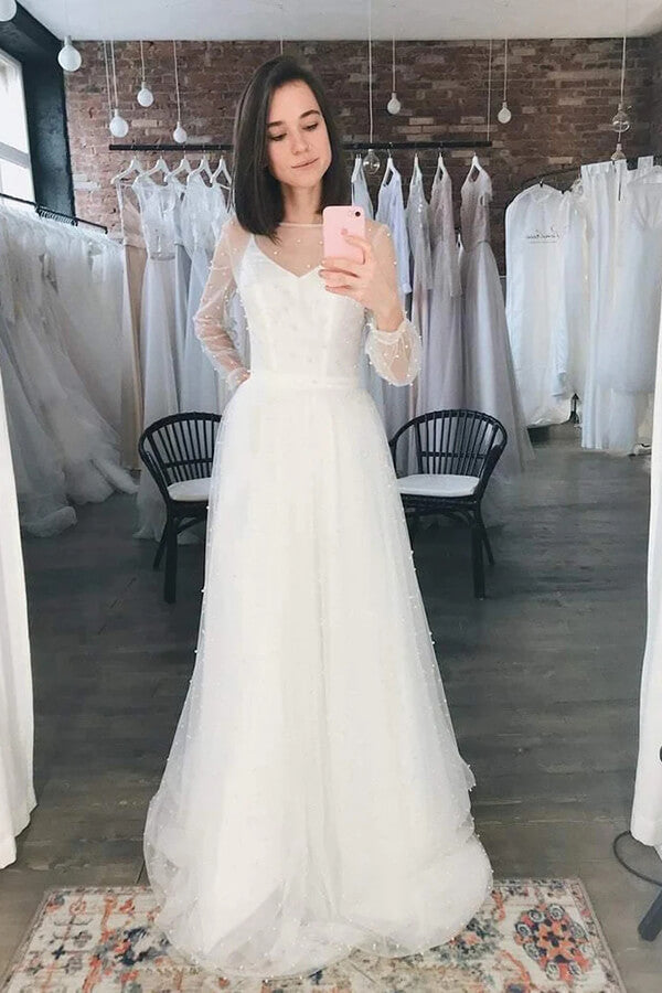 Ivory Tulle Long Sleeves Beaded Wedding Dresses, MW859 | Musebridals Ivory Tulle Long Sleeves Beaded Wedding Dresses, MW859 | Musebridals