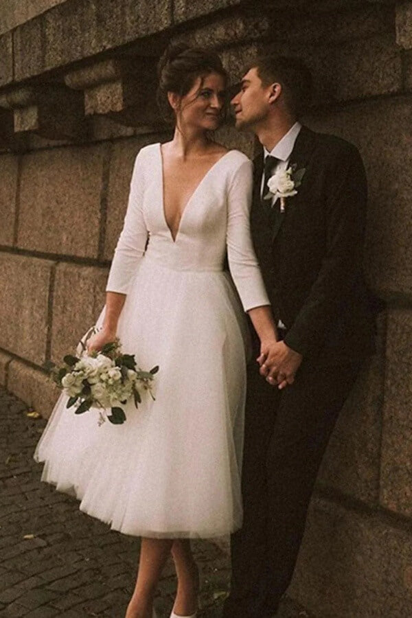 ivory tea length wedding dress with sleeves Tulle A Line Dresses, MW1294 calf length 3 4 length wedding dresses