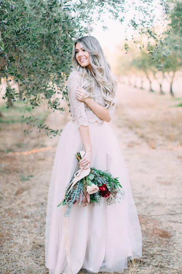 Ivory Two Pieces Long Sleeves Floor Length Rustic Wedding Dresses, MW1028