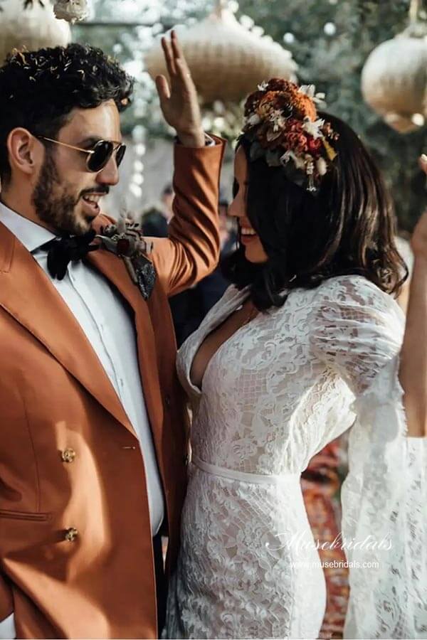 Lace Mermaid Backless Long Sleeves Rustic Wedding Dresses, Bridal Gown,  MW964