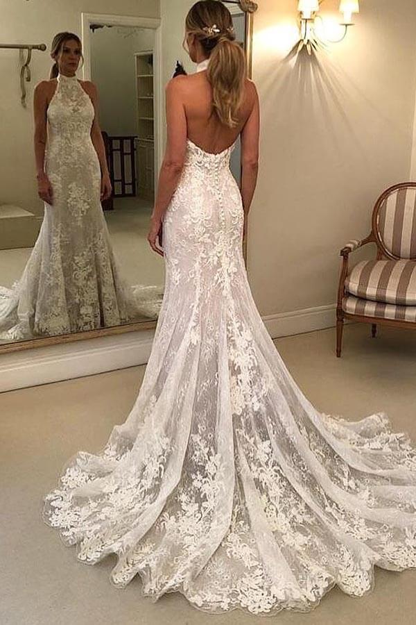 Lace Mermaid Halter Neck Backless Wedding Dresses With Court Train, MW965